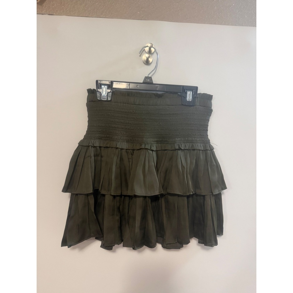 RESET Olive Green Smocked Tiered Ruffle Pleated Satin Mini Skirt Womens Size M